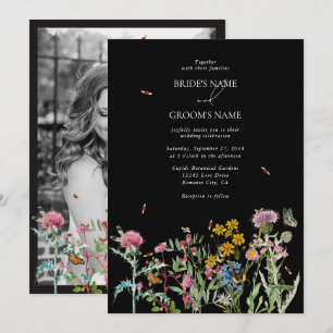 Watercolor Wildflower Garden Boho Black Wedding  Invitation