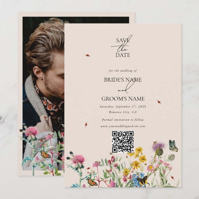 Watercolor Wildflower Garden Couple Photo Wedding  Save The Date (Front/Back)
