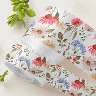 Watercolor Wildflower Garden Floral Meadow Pattern Grosgrain Ribbon