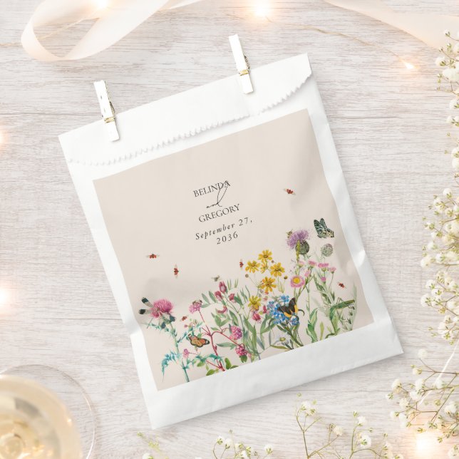 Watercolor Wildflower Garden & Insects Wedding Favour Bag (Clipped)