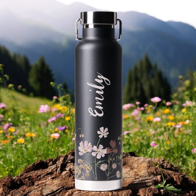 Watercolor Wildflower Garden Monogram Name Water Bottle (Creator Uploaded)