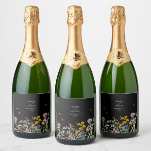 Watercolor Wildflower Garden Wedding Black Boho Sparkling Wine Label