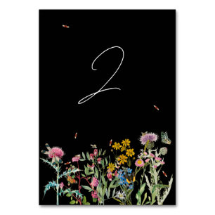 Watercolor Wildflower Garden Wedding Black Boho Table Number