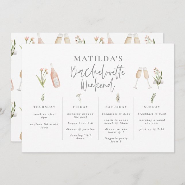 Watercolor wildflower girly bachelorette itinerary (Front/Back)