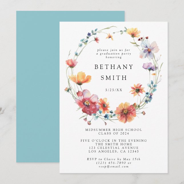 Watercolor Wildflower Graduation Party Invitation (Front/Back)