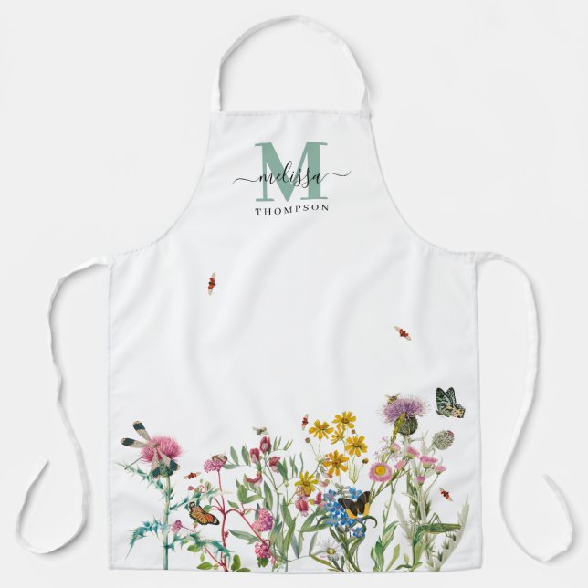 Watercolor Wildflower Insects Floral Spring Garden Apron (Front)