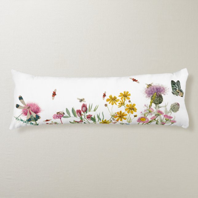 Watercolor Wildflower Insects Floral Spring Garden Body Pillow (Front)