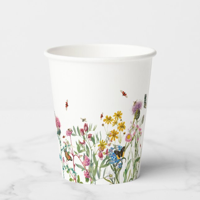 Watercolor Wildflower Insects Floral Spring Garden Paper Cups (Back)