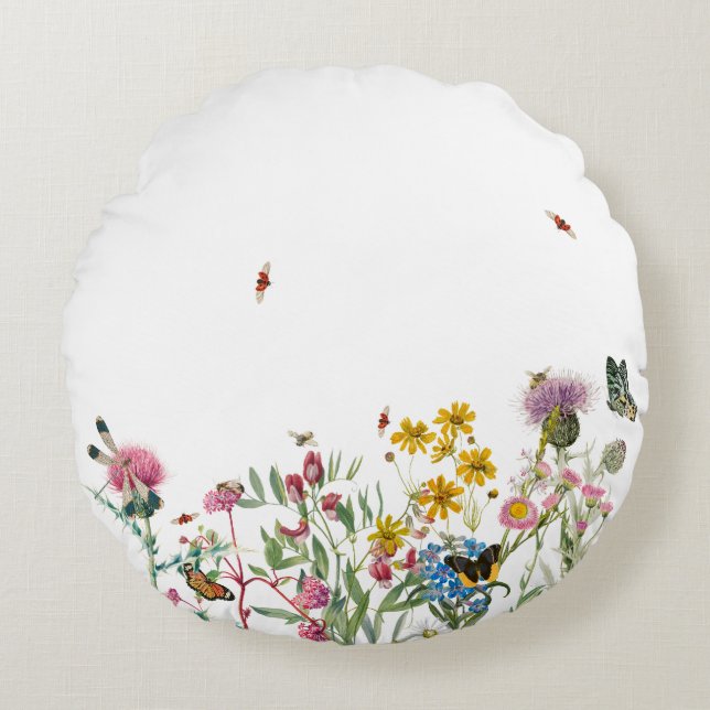 Watercolor Wildflower Insects Floral Spring Garden Round Pillow (Front)