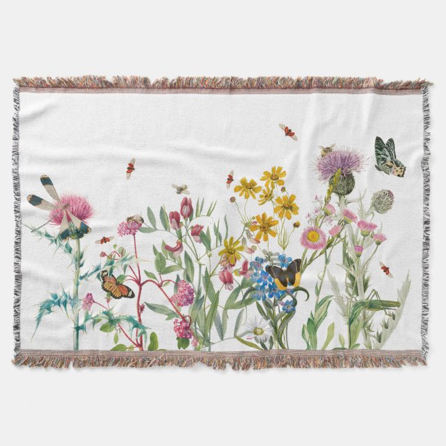 Watercolor Wildflower Insects Floral Spring Garden Throw Blanket (Front)