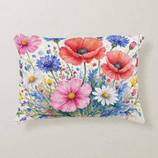 Watercolor Wildflower Meadow Bouquet Floral Art Accent Pillow