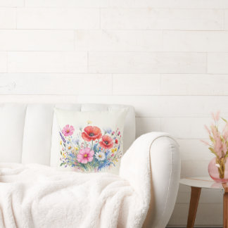 Watercolor Wildflower Meadow Bouquet Floral Art Throw Pillow
