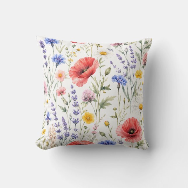 Watercolor Wildflower Meadow Floral Pattern Throw Pillow (Front)