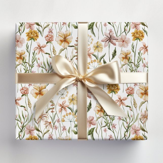 Watercolor Wildflower Meadow Floral Pattern Wrapping Paper Sheet (In situ)