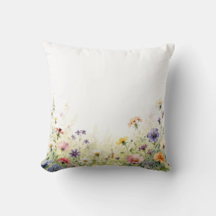 Watercolor Wildflower Meadow Pastel Floral Border Throw Pillow