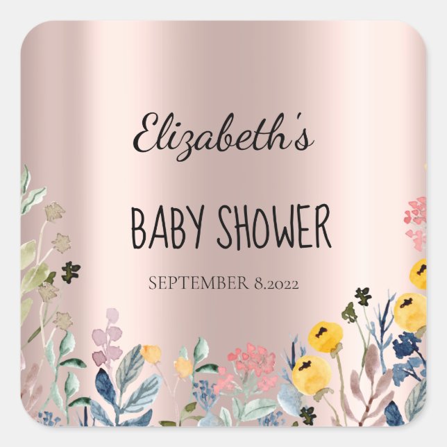 Watercolor Wildflower Meadow Rose Gold Square Sticker (Front)
