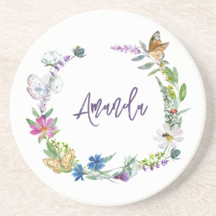 Watercolor Wildflower Monogram Coaster
