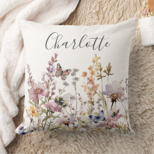 Watercolor Wildflower Monogram Name Throw Pillow