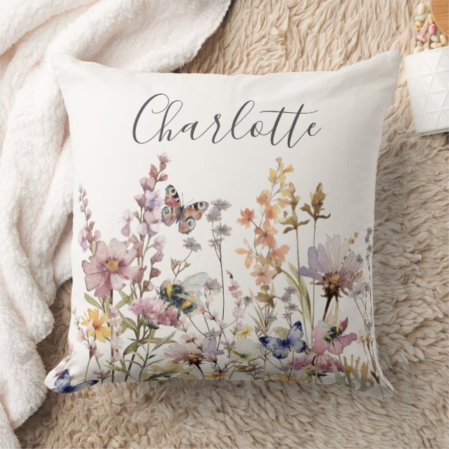 Watercolor Wildflower Monogram Name  Throw Pillow (Blanket)