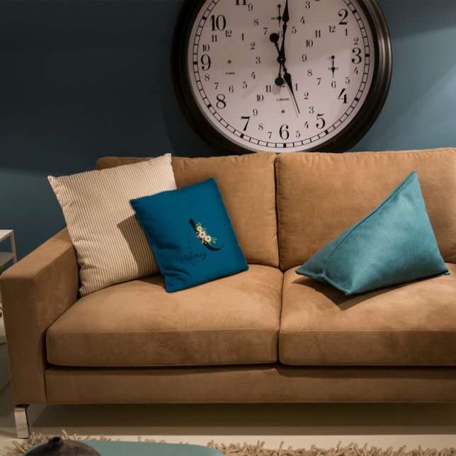 Watercolor wildflower monogram  ocean blue throw pillow (Creator Uploaded)