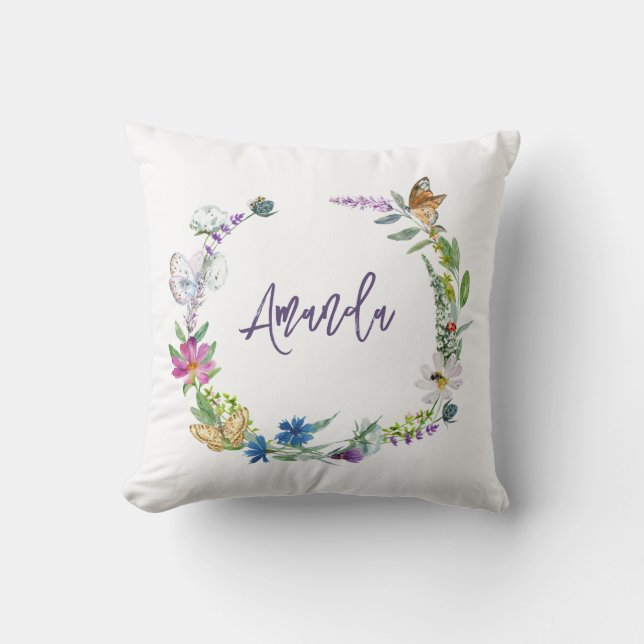 Watercolor Wildflower Monogram  Throw Pillow (Front)