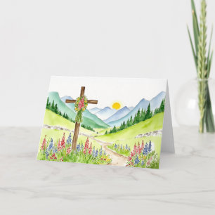 Watercolor Wildflower Mountain Cross 3 Easter Holiday Card