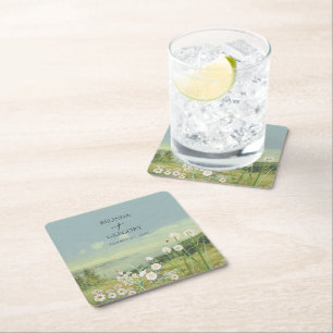 Watercolor Wildflower Mountain Landscape Wedding Square Paper Coaster