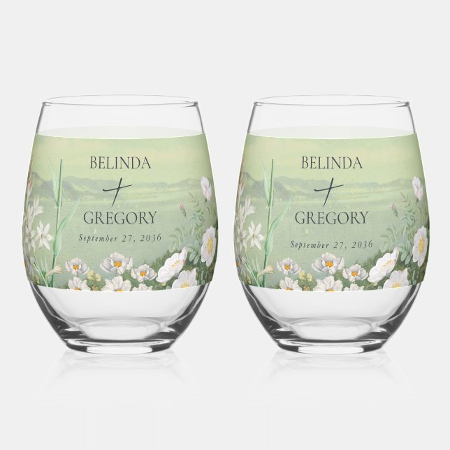 Watercolor Wildflower Mountain Landscape Wedding Stemless Wine Glass (Left)