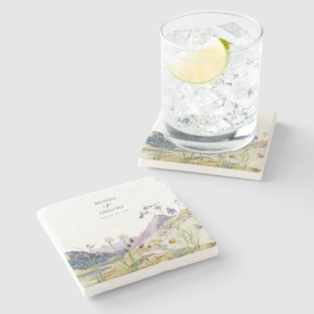 Watercolor Wildflower Mountain Wedding Favour Stone Coaster (Side)