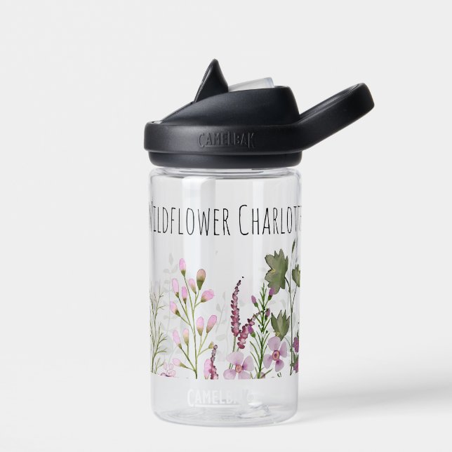 Watercolor Wildflower Name Pink Green Botanical Water Bottle (Left)
