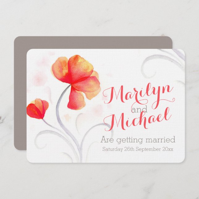 Watercolor wildflower orange wedding invite (Front/Back)