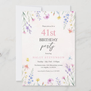 Watercolor Wildflower Pastel Floral 41st Birthday Invitation