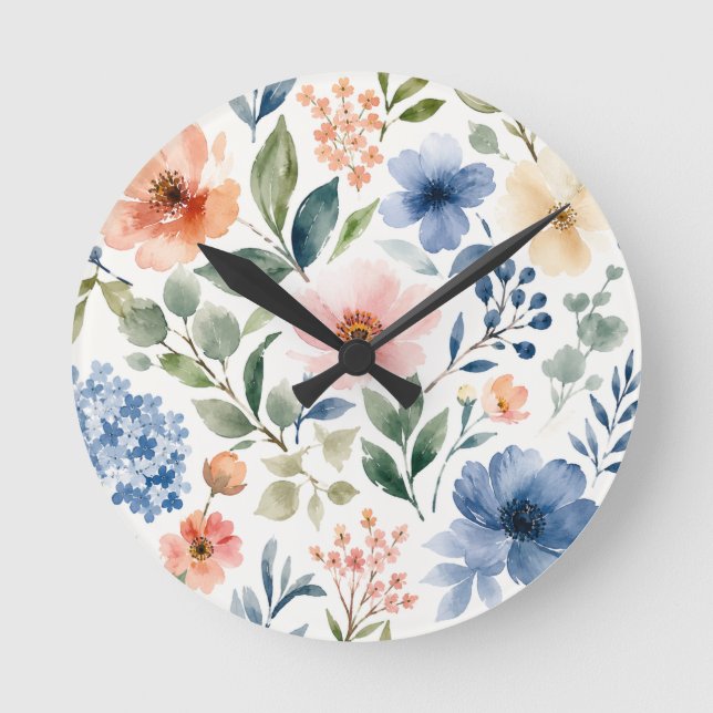 Watercolor Wildflower Pattern Modern Botanical Round Clock (Front)