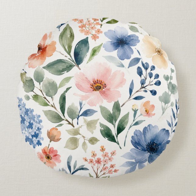 Watercolor Wildflower Pattern Modern Botanical Round Pillow (Front)