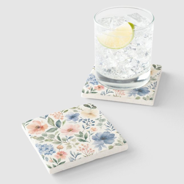 Watercolor Wildflower Pattern Modern Botanical Stone Coaster (Side)