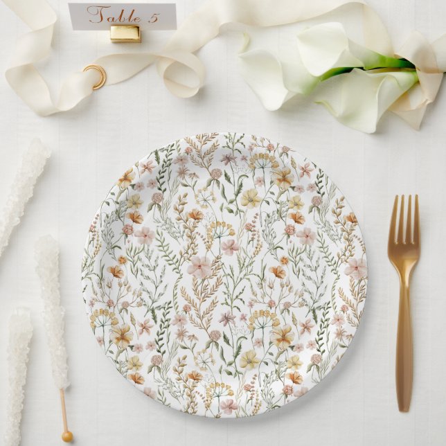 Watercolor Wildflower Pattern Paper Plate (Wedding)