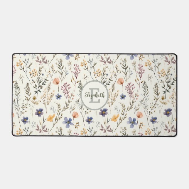Watercolor Wildflower Pattern Sage Green Name Desk Mat (Front)