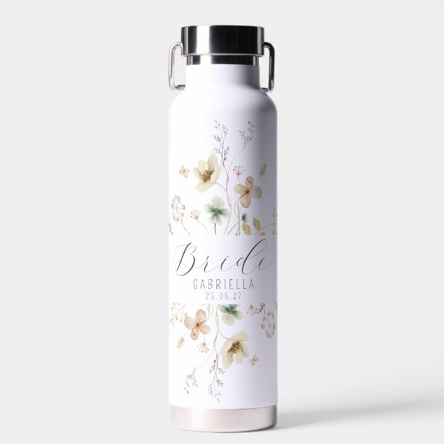 Watercolor Wildflower Personalized Bride Water Bottle (Front)