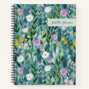Watercolor Wildflower Personalized Sketchbook Teal Notebook