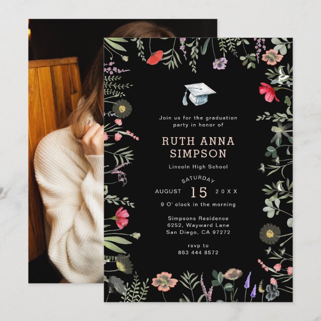 Watercolor Wildflower Photo Graduation Invitation (Front/Back)