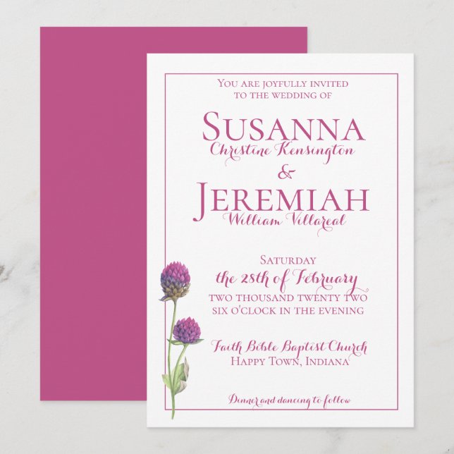 Watercolor Wildflower Pink Floral Wedding Invitation (Front/Back)