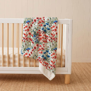 Watercolor Wildflower Poppy Daisy Sherpa Blanket