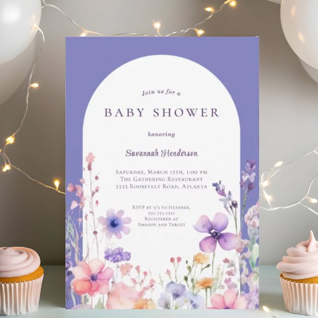 Watercolor Wildflower Purple Floral Baby Shower Invitation (Creator Uploaded)