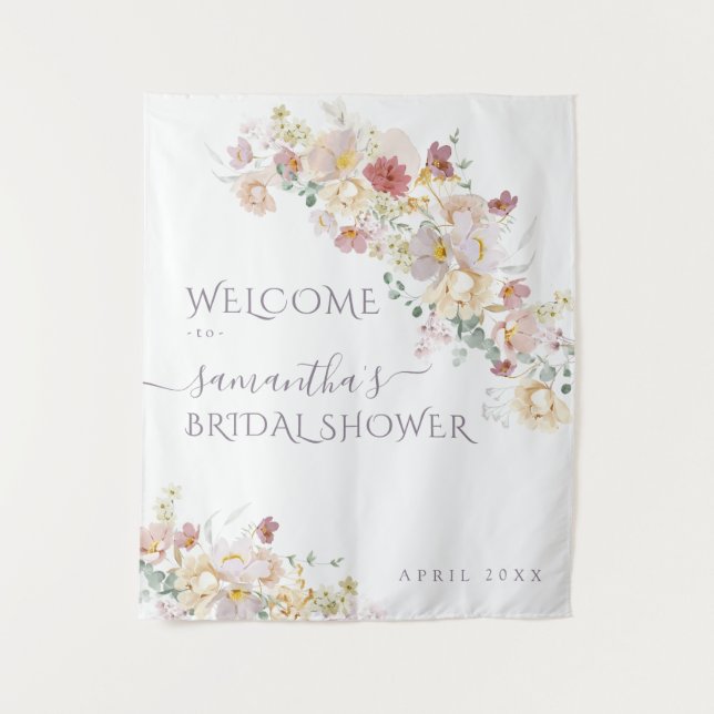Watercolor Wildflower Purple Spring Bridal Shower Tapestry (Front)