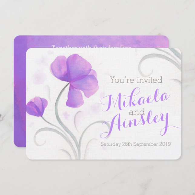 Watercolor wildflower purple wedding invite (Front/Back)