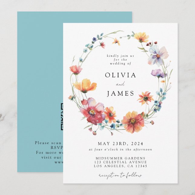 Watercolor Wildflower QR Code Wedding Invitation (Front/Back)