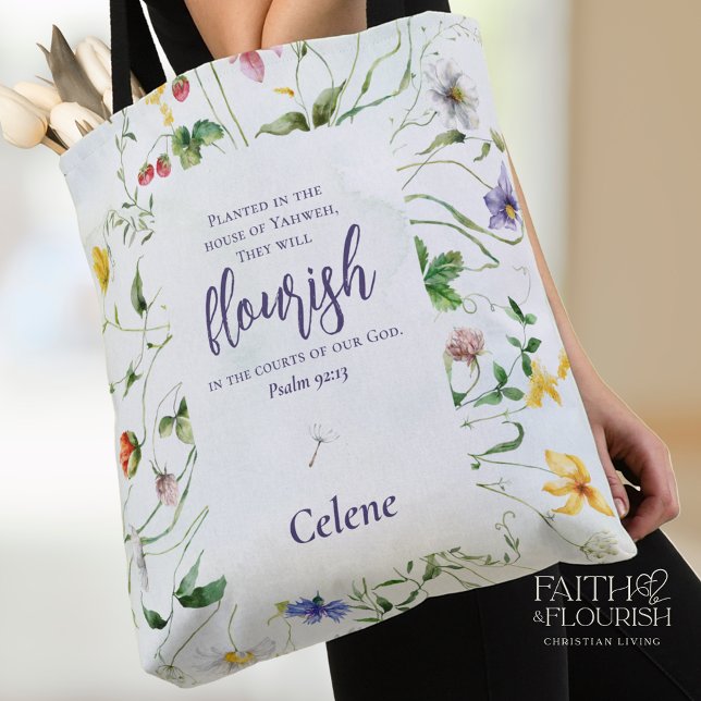 Watercolor Wildflower Scripture Personalized Tote Bag (Creator Uploaded)