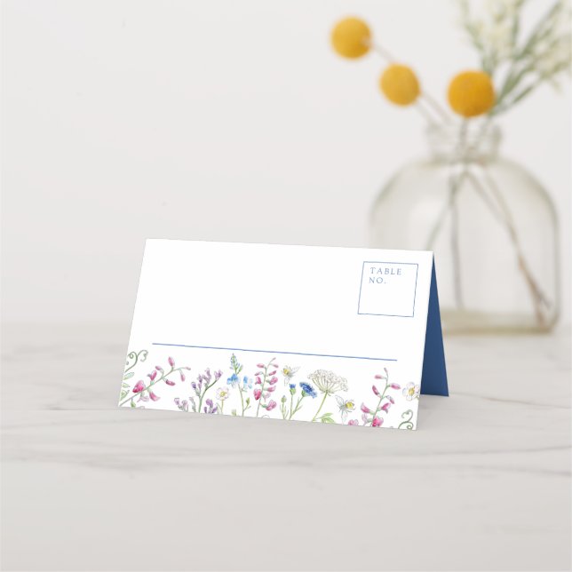 Watercolor wildflower sketches white blue wedding place card (Front)