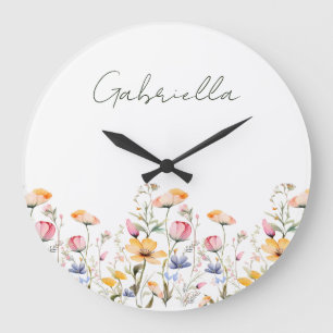 Watercolor Wildflower Spring Meadow Valentines Day Large Clock