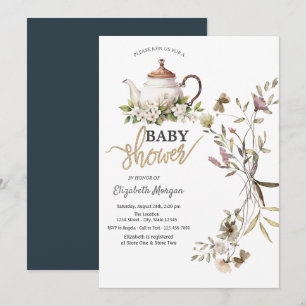 Watercolor Wildflower Tea Pot Baby Shower Invitation